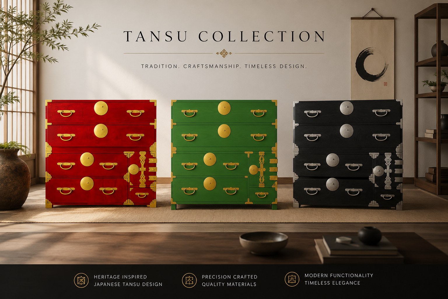 Three tansu cabinets in a refined gallery interior